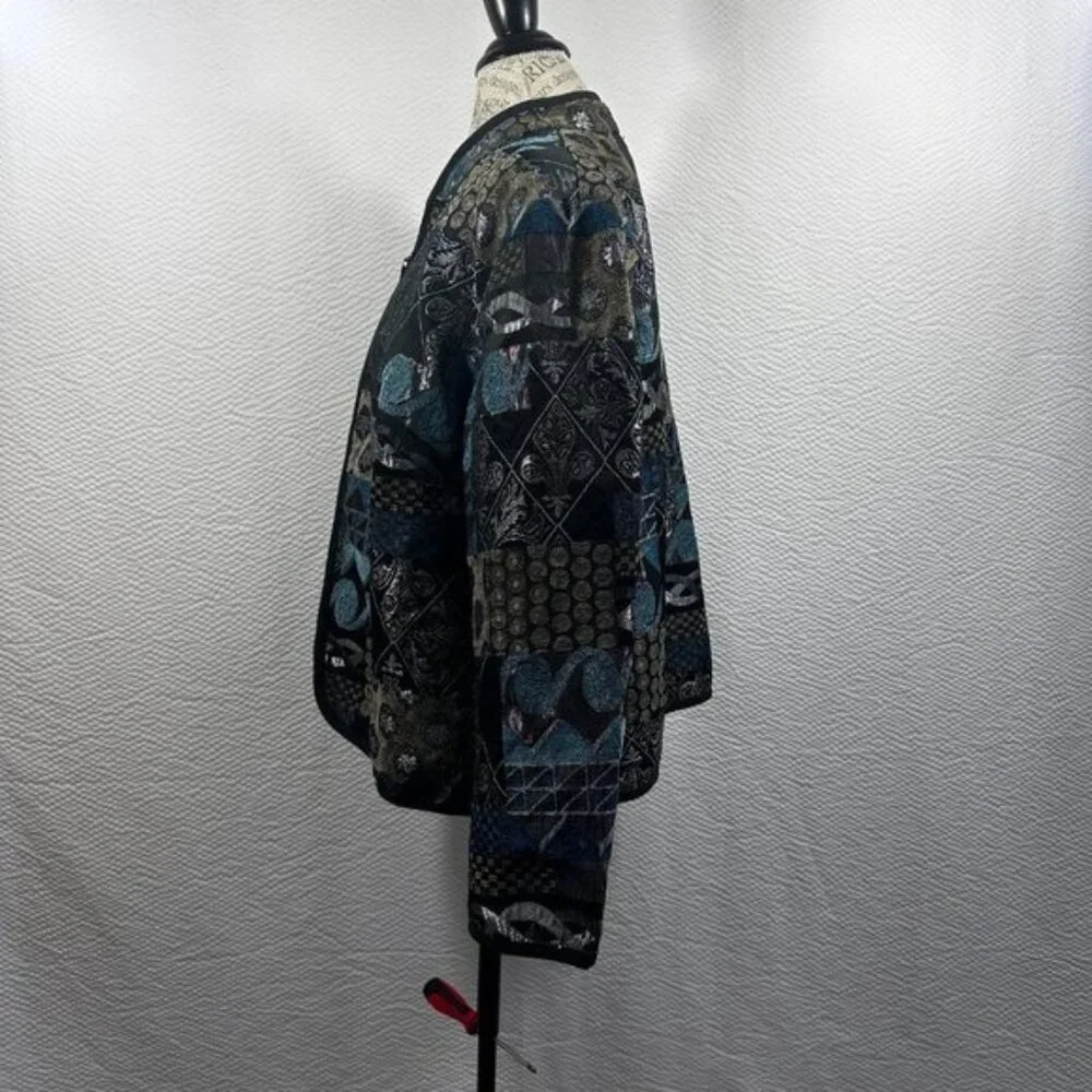 Vintage Tapestry Blue Black  Mandarin collar Full Zip jacket Abstract 2X - Picture 4 of 9